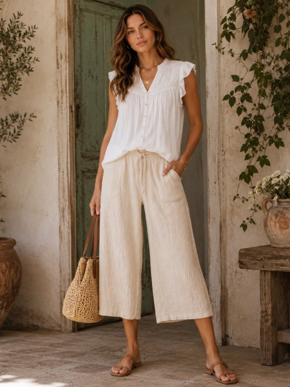 Green Goddess Womens XL Cream Cotton Gauze Pants Wide Leg Crop Drawstring Boho